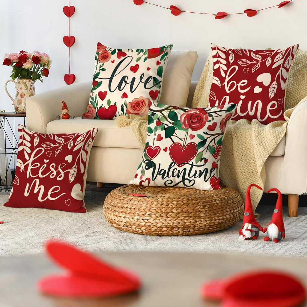 4Pcs Valentine'S Day Pillow Cover, Romantic And Sweet Valentine'S Day Love Flower Printed Sofa Decorative Cushion Cover