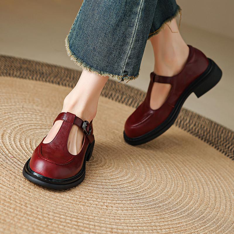 Krazing Pot Sheepskin Round Toe Size 42 Thick Med Heels Slip on Platform Gladiator Metal Buckle Autumn Pumps