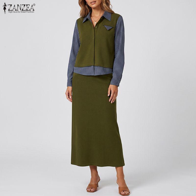 ZANZEA Women Splice Long Sleeve Blouse and Skirts Casual Two Piece Suit Sets