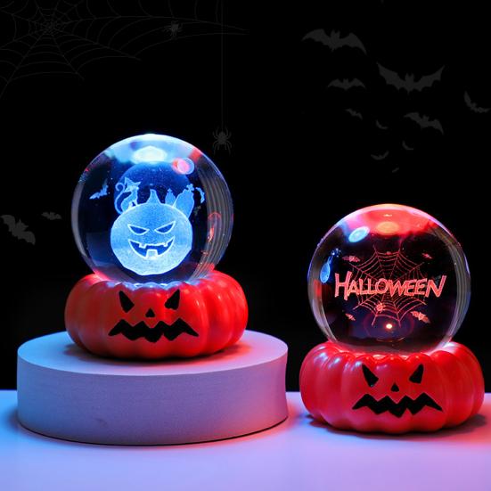 Halloween Faux Crystal Ball Night Light 3D Pumpkin Skull Witch Haunted House Spiderweb Glass Ball Lamp with Base USB Powered Glowing Sphere Decoration
