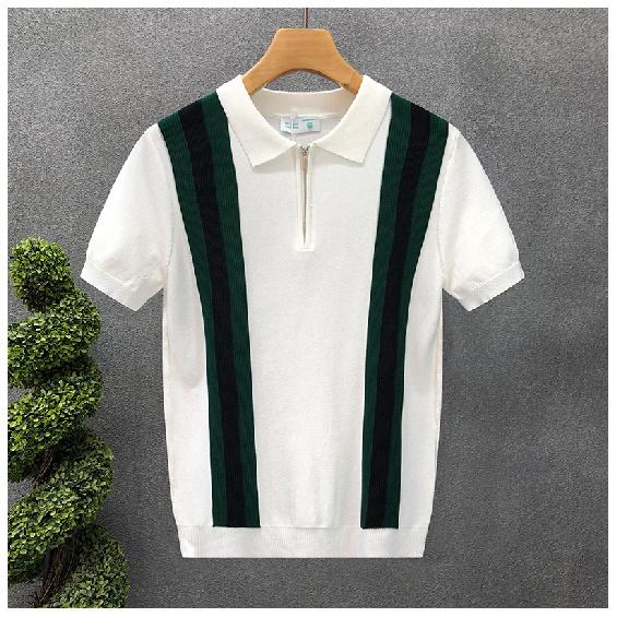 

Летняя молодежная повседневная футболка из ледяного шелка облегающего кроя в корейском стиле с лацканом в вертикальную полоску, трикотажная футболка с коротким рукавом, деловая рубашка поло M белый