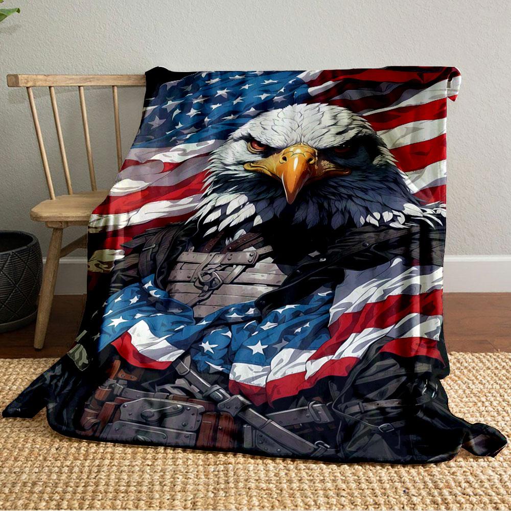 An eagle in armor with the American flag as a backdrop and clothing. for all seasons blanket lunch break throw gift