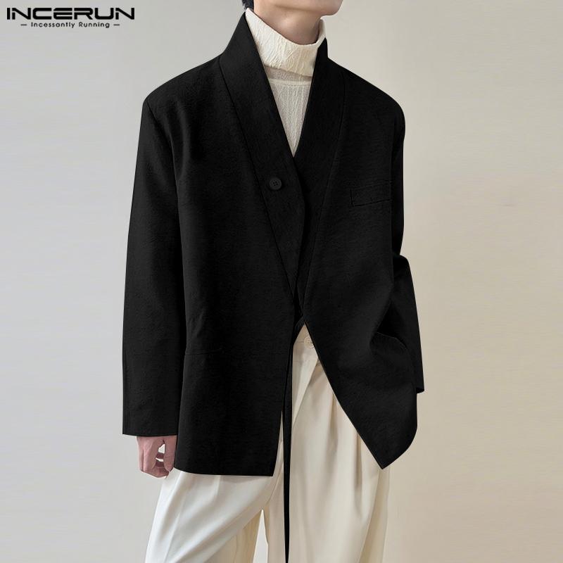 INCERUN Oversized Men Lapel Neck Long Sleeve Side Lace-up Casual Loose Thin Blazer Coats
