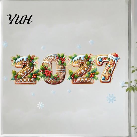 Reusable Festive Wall Decals 2027 Gingerbread Christmas Static Window Clings, Xmas New Year with Man Decors Santa Snowman Snowflake, Stickers for Home