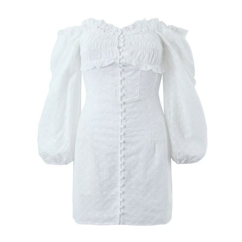 

off-Shoulder Retro Temperament Square Collar Lace Dress Breasted White(High quality) S