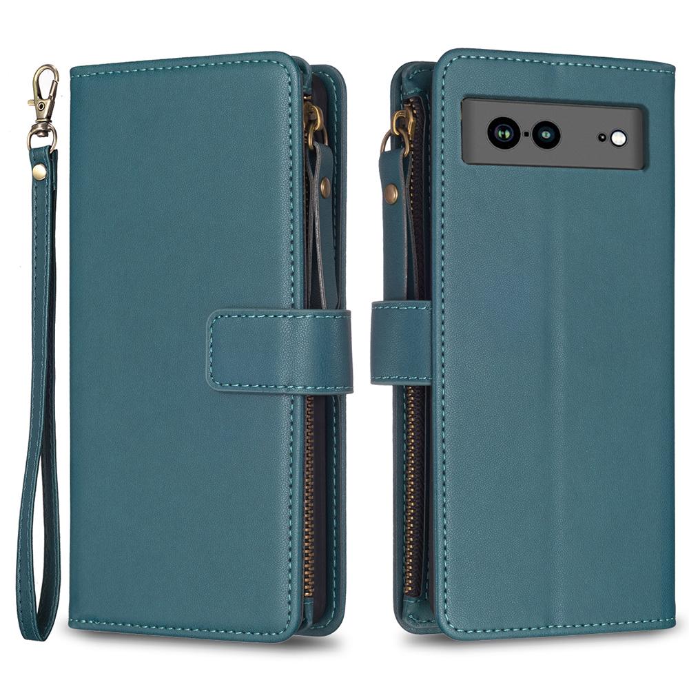 

BF Style-19 for Google Pixel 7a Dustproof PU Leather Phone Case Wallet Stand Zippered Shell Cover Green