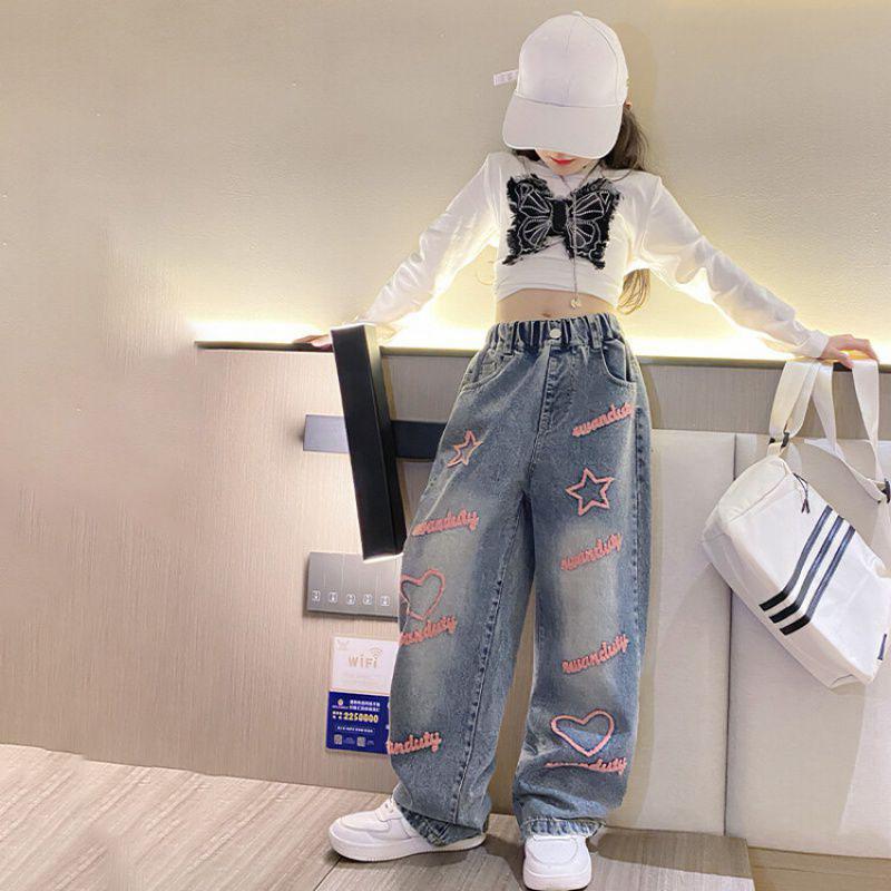Jeans dritti ricamati larghi primaverili da ragazza
