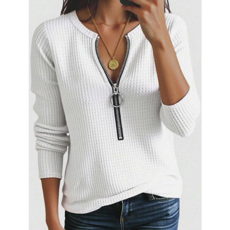 

Women s Casual Solid Color Front Zipper T-Shirt, Versatile For Autumn L