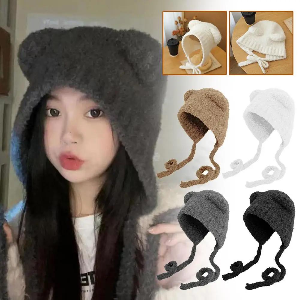 Cute Girl Knit Ear Protection Hat Bear Women Earmuffs Cap Woolen Crochet Bonnet Solid Color Hood Beanies Winter Warm Headgear