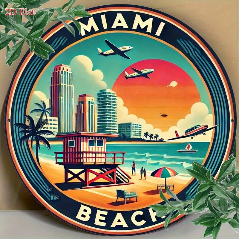 D Flat Miami Beach Round Tin Sign Retro Florida Beach Cityscape Metal Wall Decor for Home Bar 20x20cm(8x8inch)
