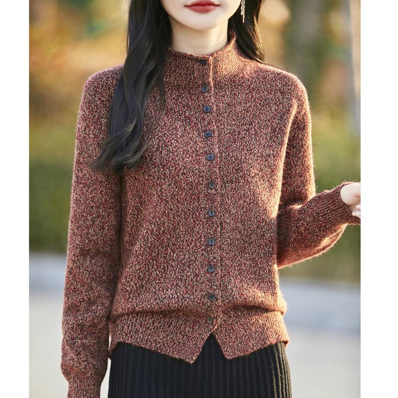 Ladies' Floral Stand Collar Worsted Wool Knit Cardigan Sweater - Autumn/Winter Fashion