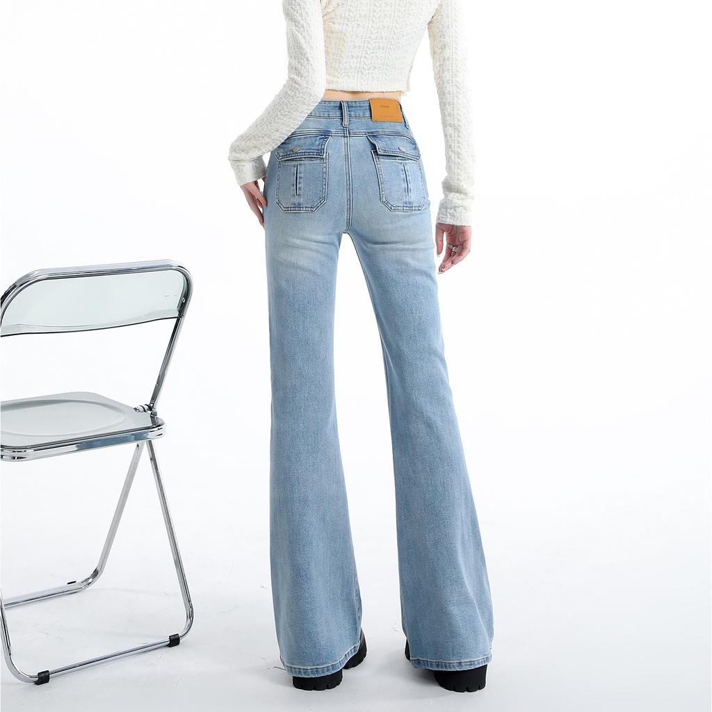 Women's High Rise Flared Jeans Slim Medium Stretch Cotton Multi Length Light Vintage Wash Spring Commuter Floor Length Denim Trousers