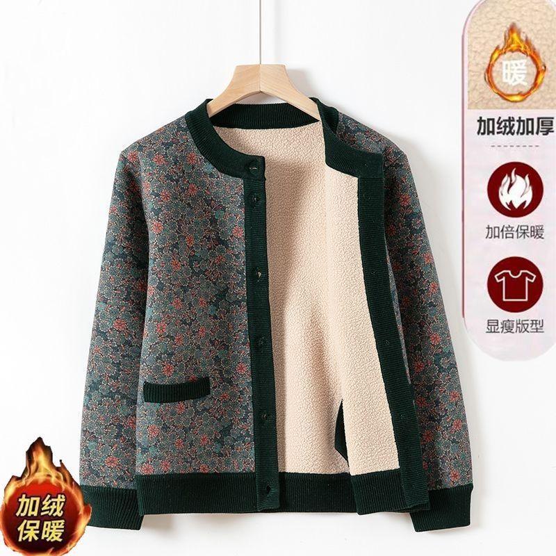 

Осенне-зимнее толстое пальто с бархатной подкладкой для мам среднего и пожилого возраста, теплое вязаное пальто-кардиган с принтом 4XL