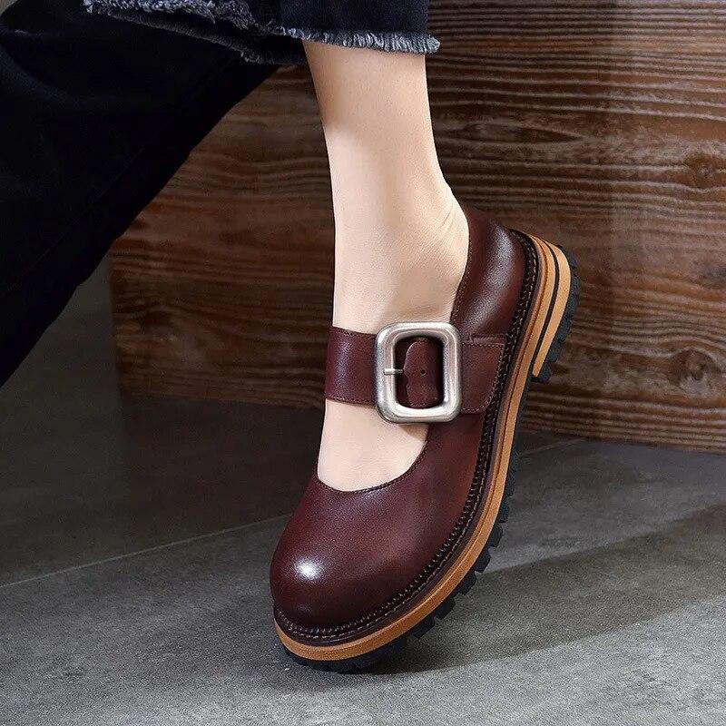 Johnature Divat sokoldalú fém csat, kerek orr, vastag talp Mary Janes cipők valódi bőr női cipők