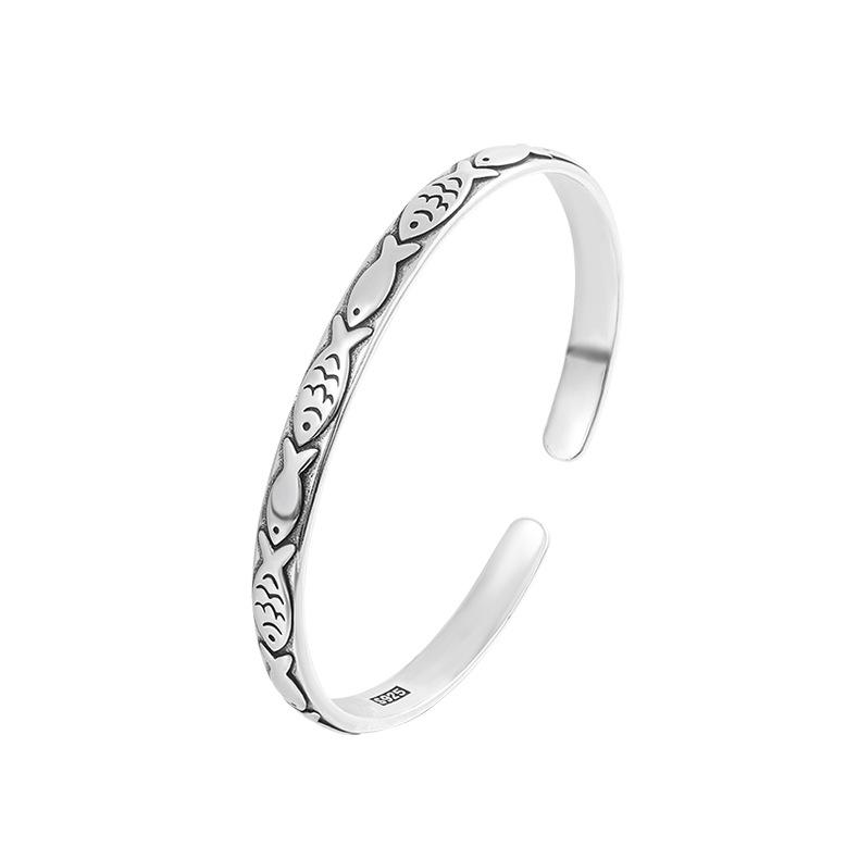 New Retro Female Minority Design Embossed Small Fish Bangle 925 Sterling Silver Simple Ins Personality Animal Opening Bracelets
