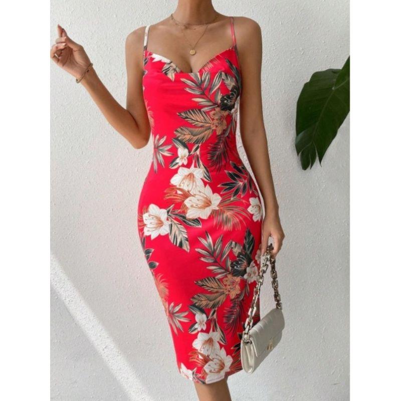 Western Style Summer New Sexy Sexy Sling Backless Lace-up Slim fit Slimming Big Flower Pattern Sleeveless Dress
