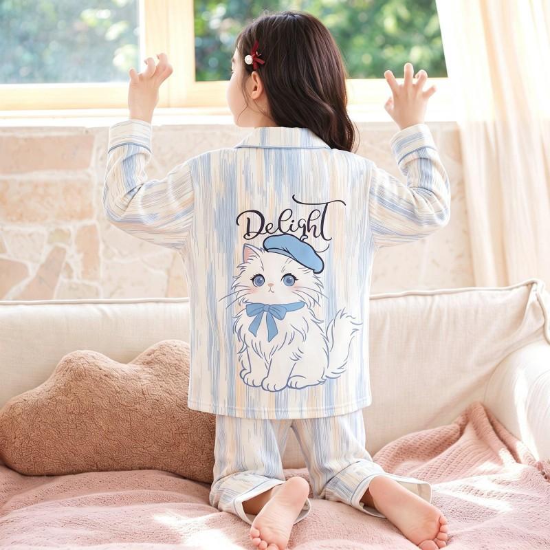 100% Cotton Girls Pajama Set Long Sleeve Cartoon Print Sleepwear Open Front Robe Style Fall