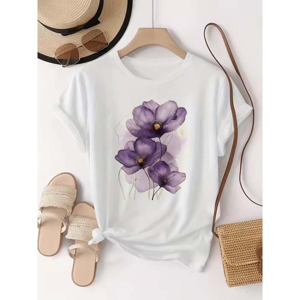 

Women s T-shirt Purple Watercolor Flowers Print T Shirt Top Girls Y2k Clothing Summer Short Sleeve Tees Casual Female T-shirt M
