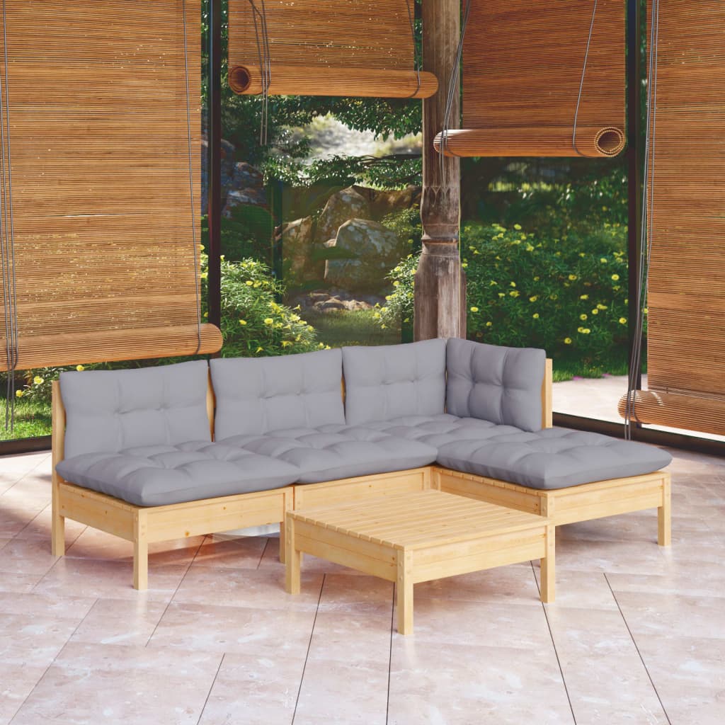 Vidaxl 5-Cz. Garden Lounge Set, Grey Cushions, Pine