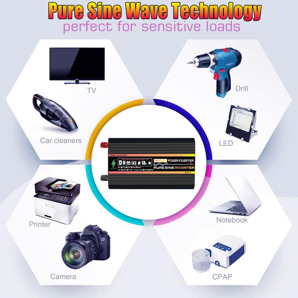 10000W/12000W Power Converter Pure Sine Wave Vehicle Smart Inverter LCD Display Digital Power Inverter DC 12V To AC 220V for RV