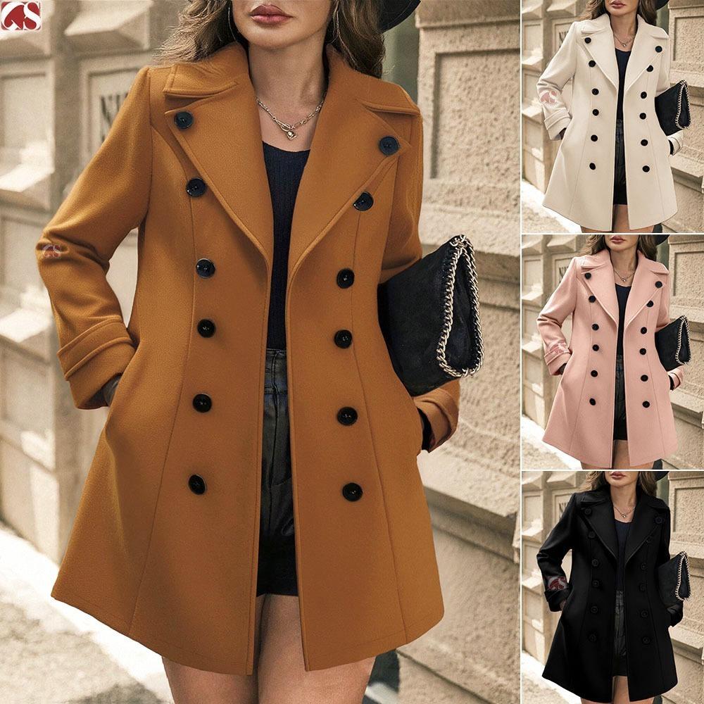 Women's Lapel Long Sleeve Wool Coat Regular Fit Solid Double Breasted Pocket Elegant Mid Length Woolen Overcoat