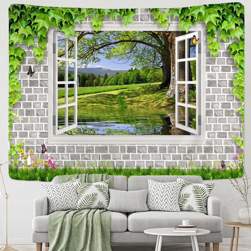 Scenery Outside the Window Tapestry Wall Hanging Sandy Beach Picnic Rug Camping Landscape Tapestries Pad Home Decor Wall Cloth