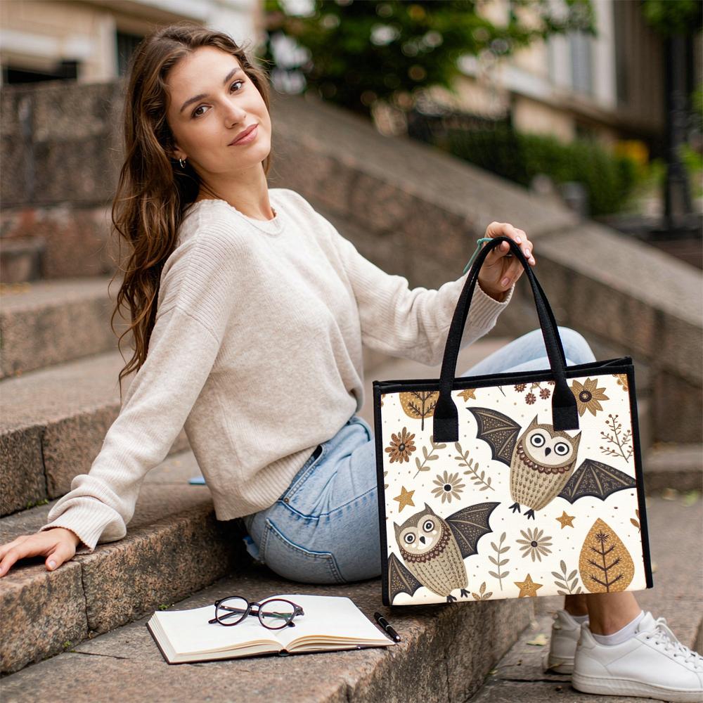 Cute Owl Print Canvas Tote Bag for Daily Shopping Casual Shoulder Handbag