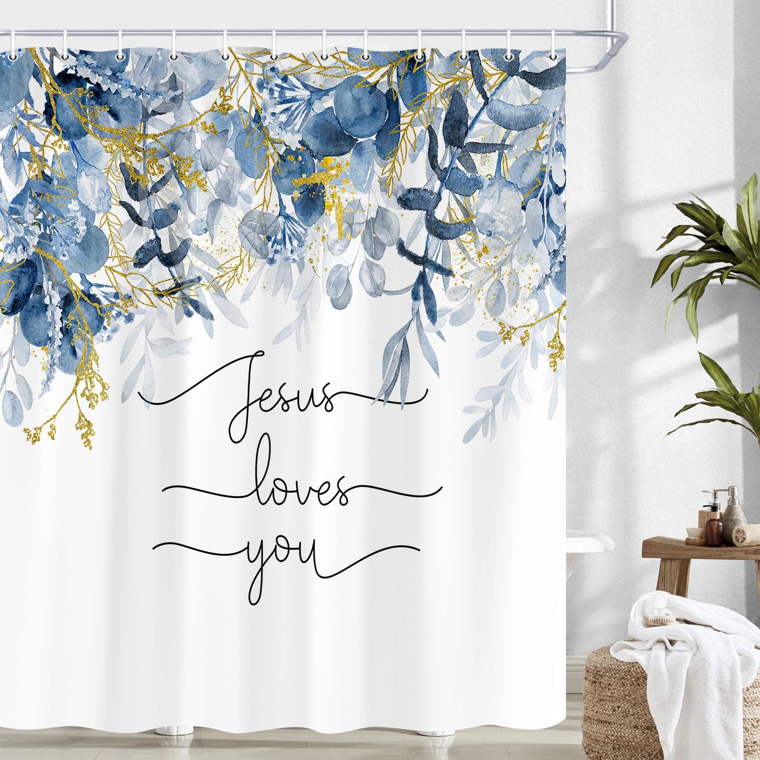 Monika Chen Bible Verse Shower Curtain With Botanical Plant Leaves – Christian Scripture “Jesus Loves You” Quote, Floral Faith Design