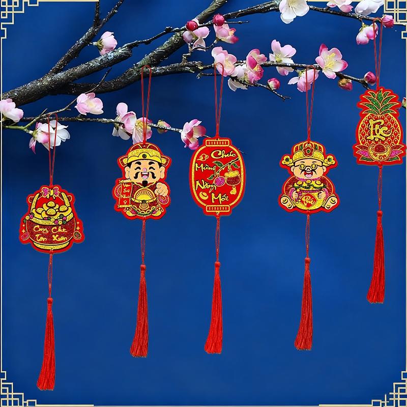 5pc Vietnamese New Year Pendant with Tassel Spring Festival Home Tree Hanging Lucky Decor The Year of Horse Party Hanging Supply