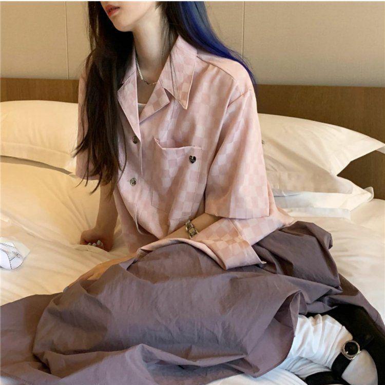 

Зеленая рубашка в клетку, корейская версия, милая женская блузка с короткими рукавами, летний повседневный кардиган в гонконгском стиле, Blusas XXL розовый