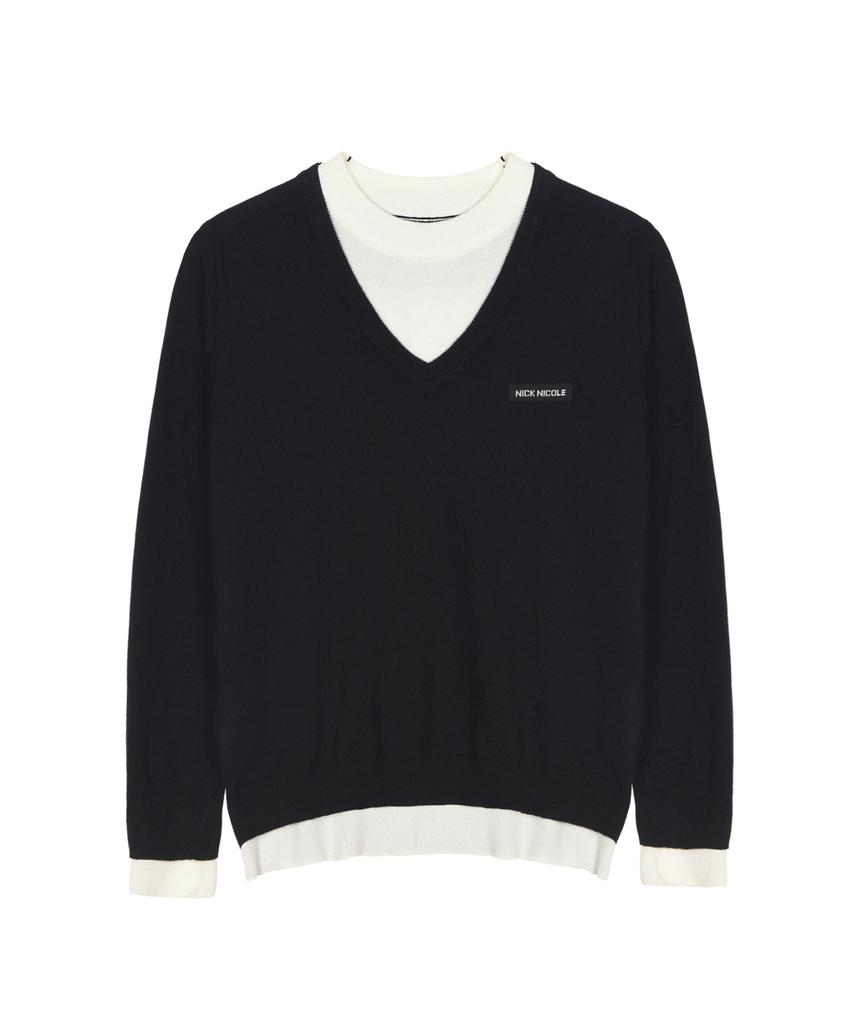 Nigaennikol Layered Round V Neck Knit_Black