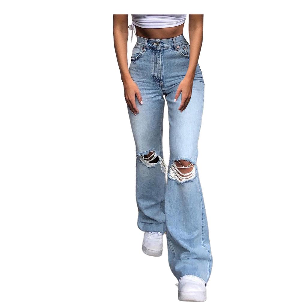 Women Button High Waist Pocket Elastic Hole Jeans Trousers Loose Denim Pants