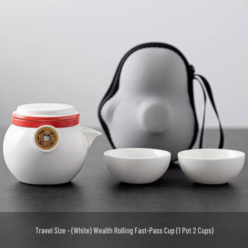 Yucheng Travel Tea Set: Ceramic Teapot & Two Cups - Portable Outdoor Carry-On Penguin Design 220 ml