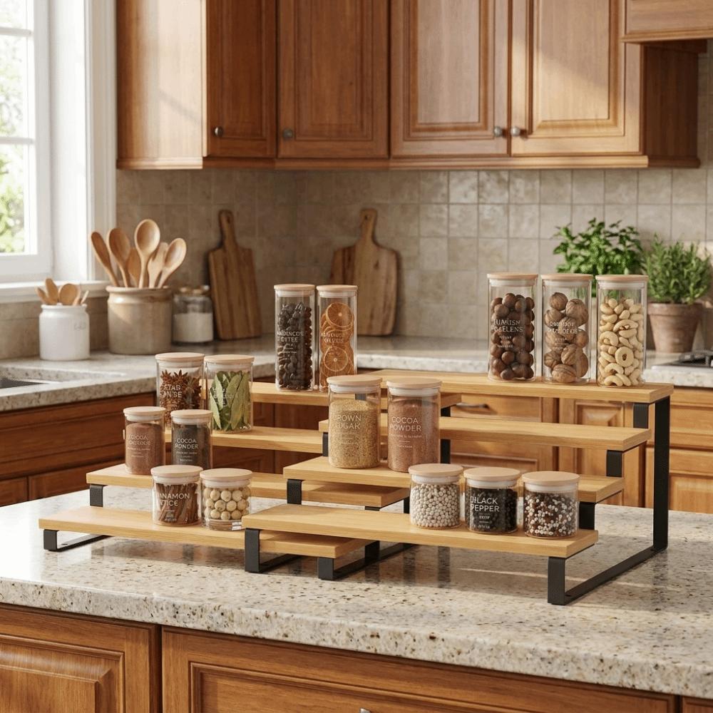 Detachable Expandable Step Storage Rack Bamboo Spice Condiment Shelf  Bathroom
