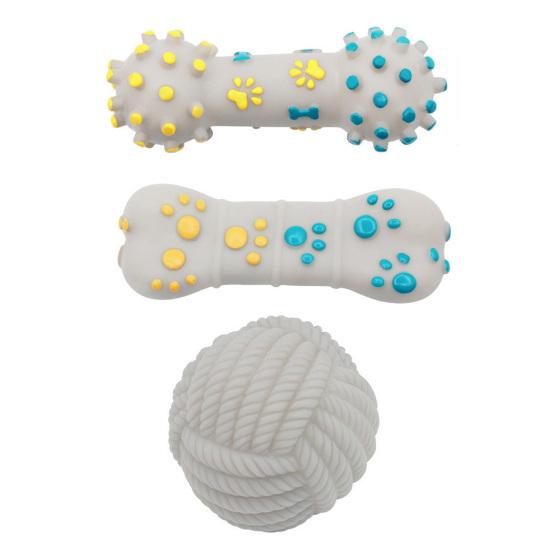 Squeaky Dog Toy Rubber Textured Barbell Bone Ball Dog Chew Toy Teeth Cleaning Toy for Aggressive Chewers Interactive Fetch Play