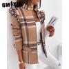 GMXIA Giacche e cappotti a maniche lunghe autunno inverno con stampa casual vintage a reticolo da donna
