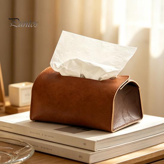 Desktop Tissue Dispenser PU Leather Box, Foldable Retro Style Holder, Office Desk Storage Bag Decorative Organizer, for Home Car Decor Space