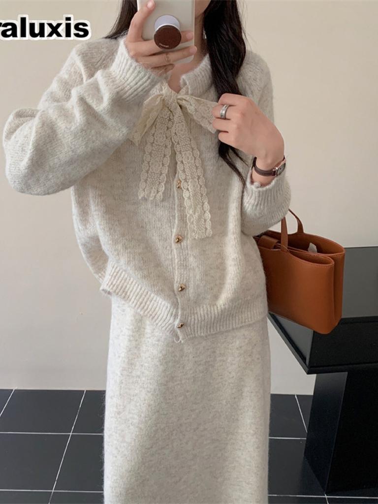 Elegant Knit Set for Women - Autumn/Winter New Arrivals, Tie-Up Sweater & A-Line Skirt