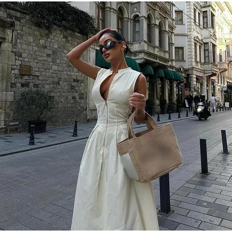 Sleeveless SpliAed Zipper Maxi Dress Women Elegant High Waist Slim Pleated Long Dresses OffiAe Lady Street Robes Female