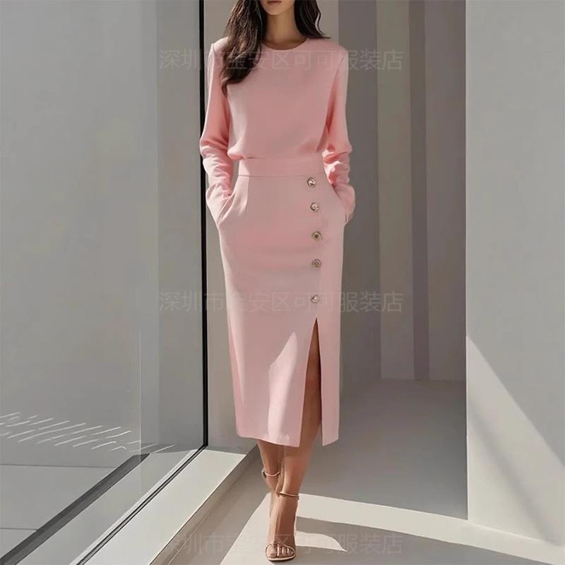 Fashion Royal Sister Style Solid Color Round Neck Waist Split Metal Button Long Sleeve Dress Women