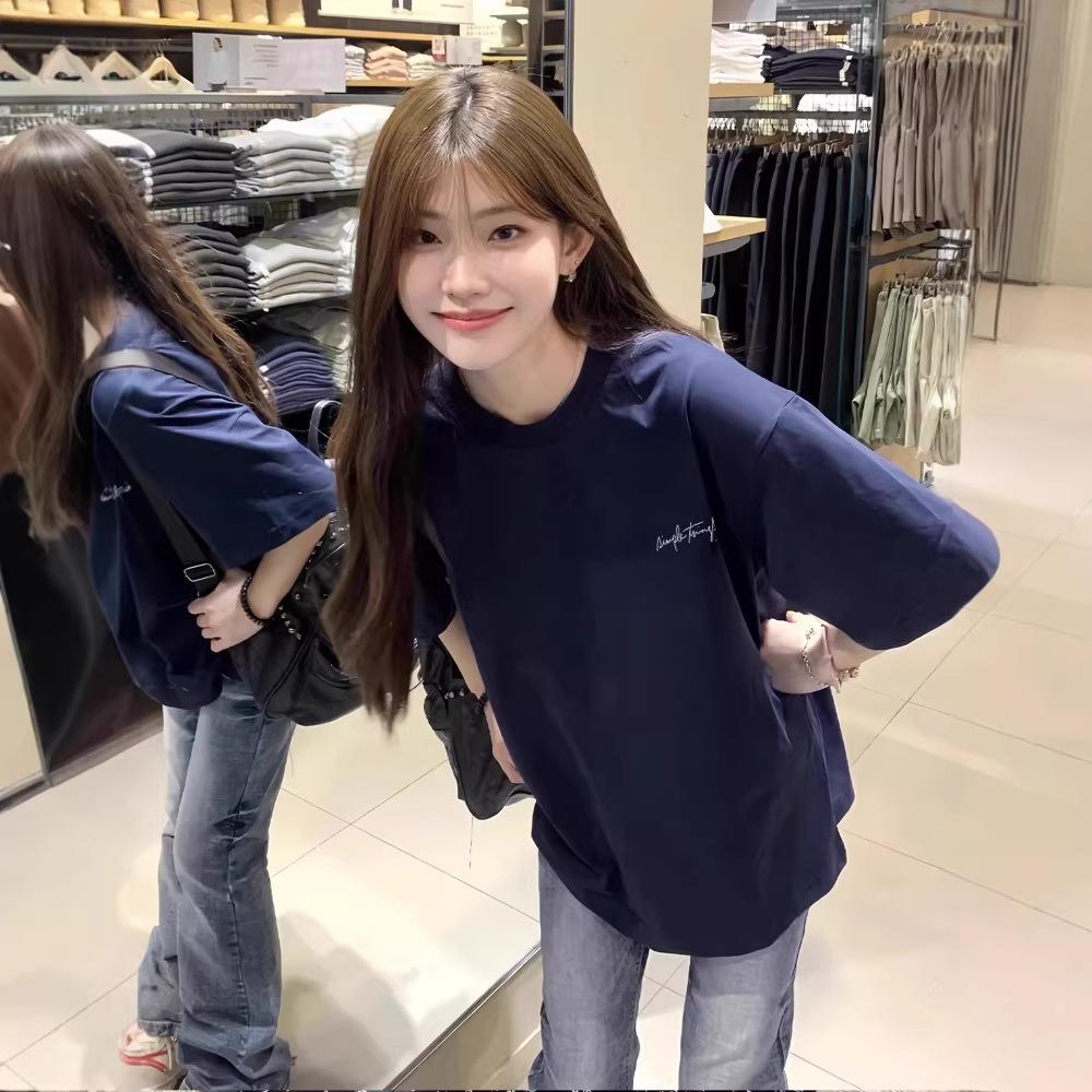 American Navy Blue Cotton Short-sleeved T-shirt Women's New Design Sense Niche Loose and Versatile Half-sleeved Top Summer