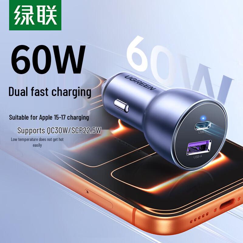 UGREEN 60W Dual Port USB-C & USB-A Car Charger