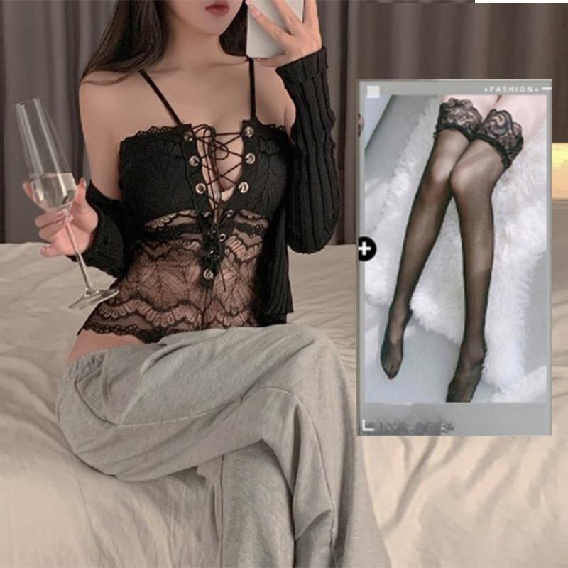 Sexy See Through Lace Erotic Bodystocking Open Crotch Teddy with Suspenders Harness Push Up Effect French Maid Costume for Women