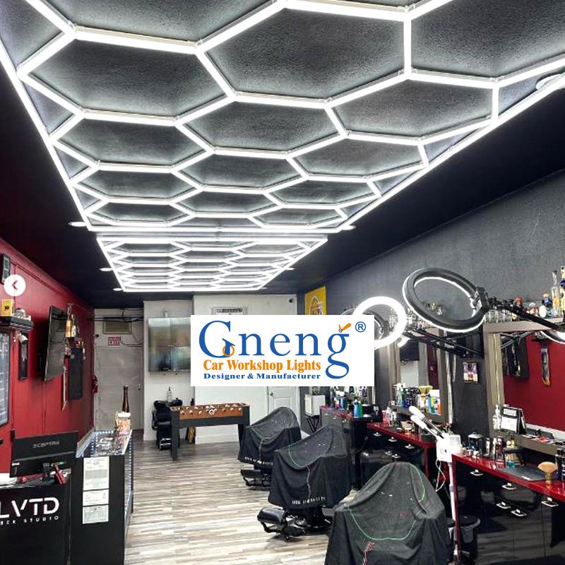 Hexagonal Honeycomb LED Ceiling Light for Garage, Gym, Barber Shop, Supermarket - Energy-Saving Lighting.