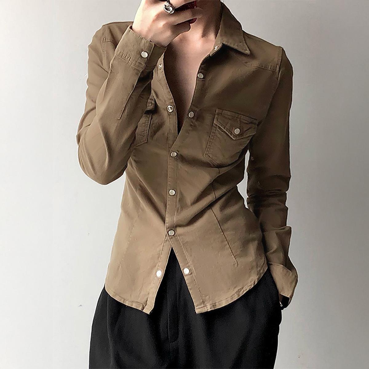 

Европейско-американская мода Простые однотонные топы и рубашки с длинным рукавом для женщин 2025 Осень-Зима S коричневый