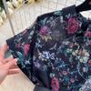 French Vintage Print Lapel Dress Women's Short Sleeve Floral Print High Waist Belt Office Lady Maxi Clothing Female