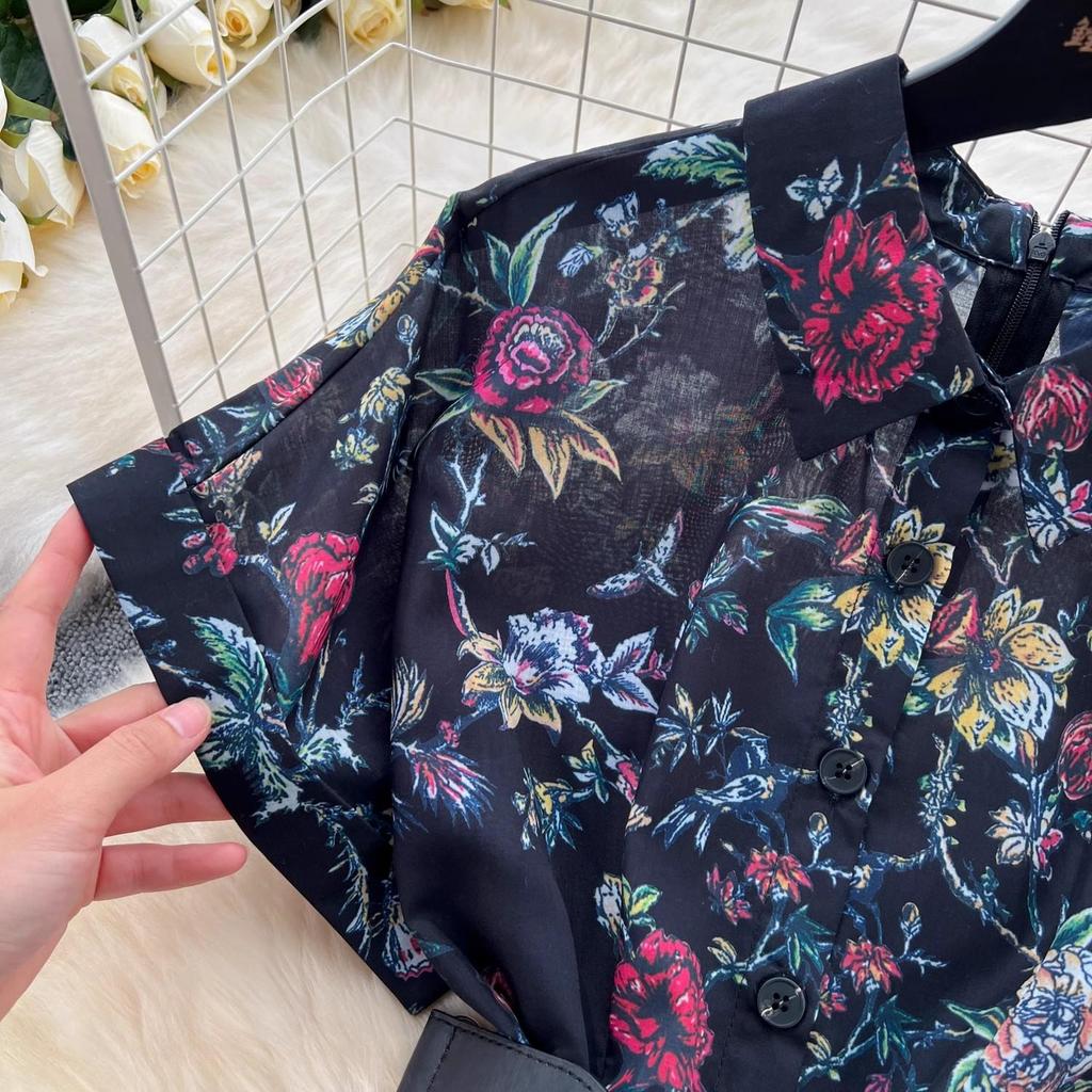 French Vintage Print Lapel Dress Women's Short Sleeve Floral Print High Waist Belt Office Lady Maxi Clothing Female