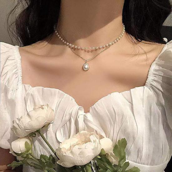 Pearl Necklace Double-layer Simple Alloy Female Clavicle Chain for Party