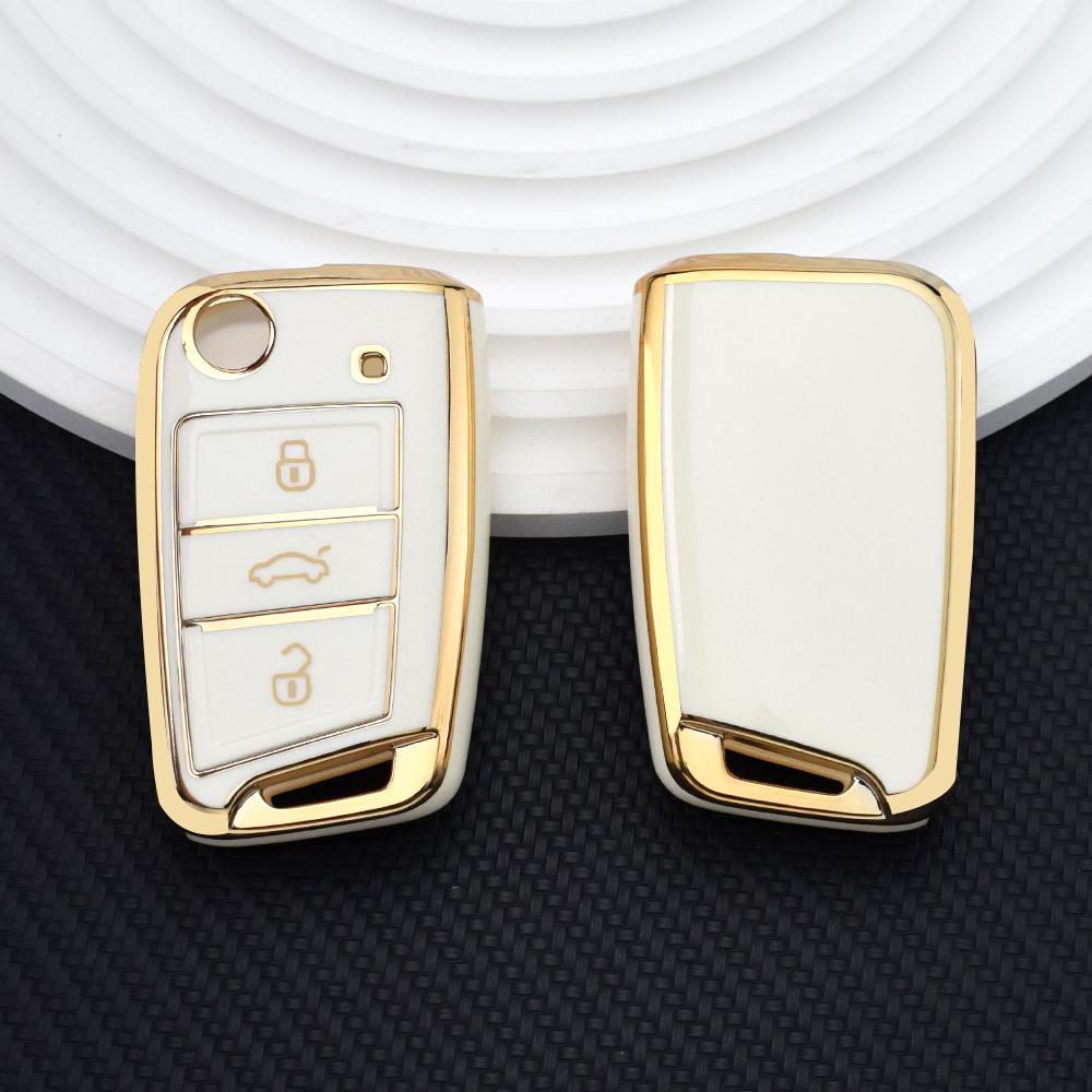 3 Buttons Gold Edge TPU Car Key Cover Case Auto Shell Fob Holder for VW Golf 7 ALLTRACK MK7 for Skoda Octavia A7 Protector Accessories