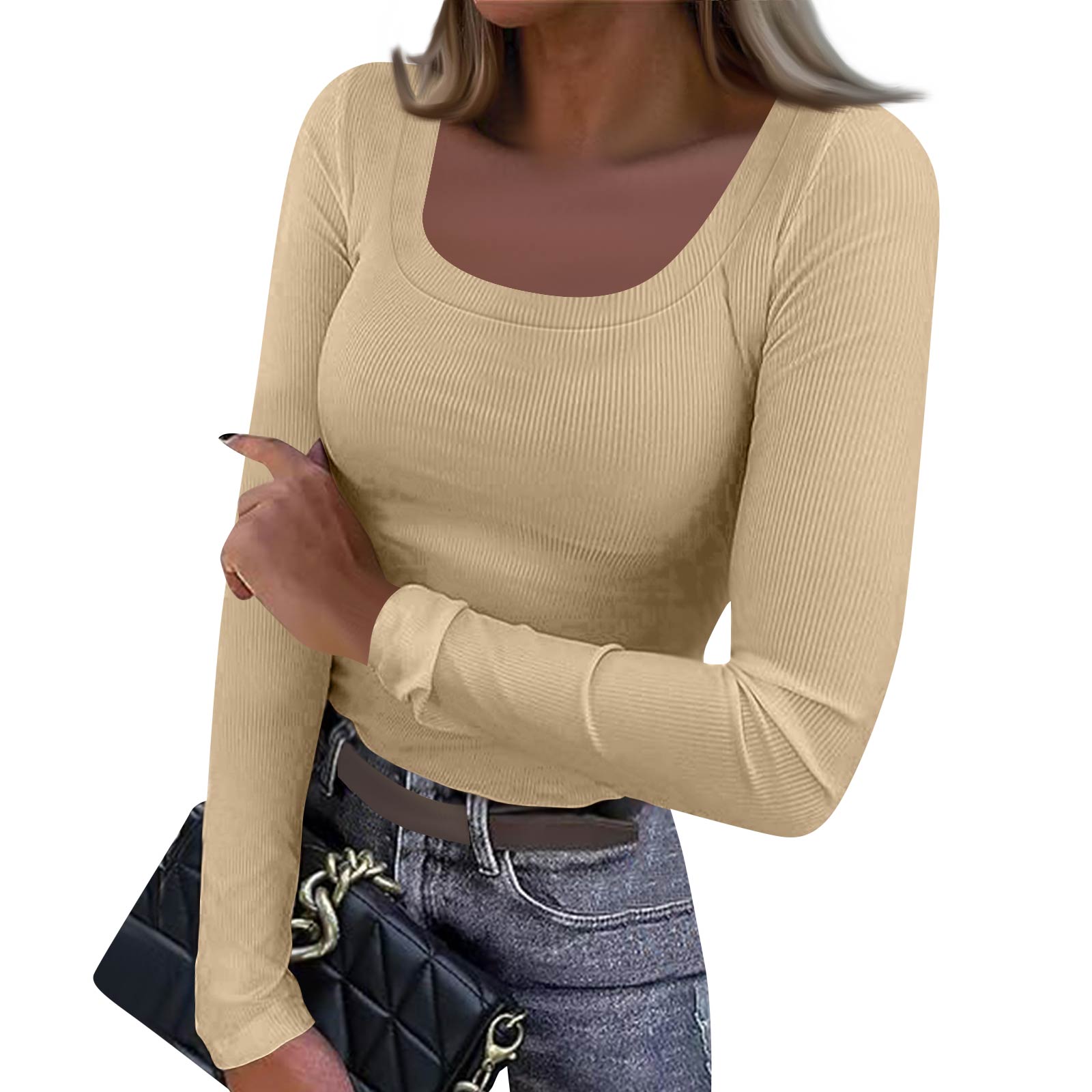 

Women s And Winter Slim Bottom T-shirt Fashion Casual Solid Color Square Neck Pullover Long Sleeve Top L бежевый